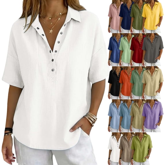 Zekutng Womens Summer Tops Button-Down Collar Cotton Breathable Short-Sleeve Top,Sizes S-3XL