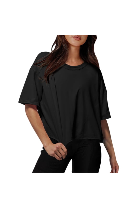 Womens Summer Tops Drop Shoulder Round Neck Oversized Crop Workout Tees,Sizes S-3XL