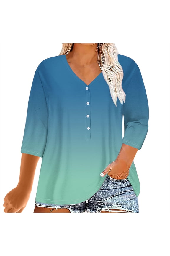 Womens Summer Tops Plus-size Printed 3/4 Sleeve Casual Loose Fixed Button Top T-shirt,Sizes L-4XL