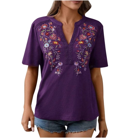 Zekutng Womens Summer Tops Summer Embroidered Loose Casual Short Sleeved Top,Sizes S-2XL