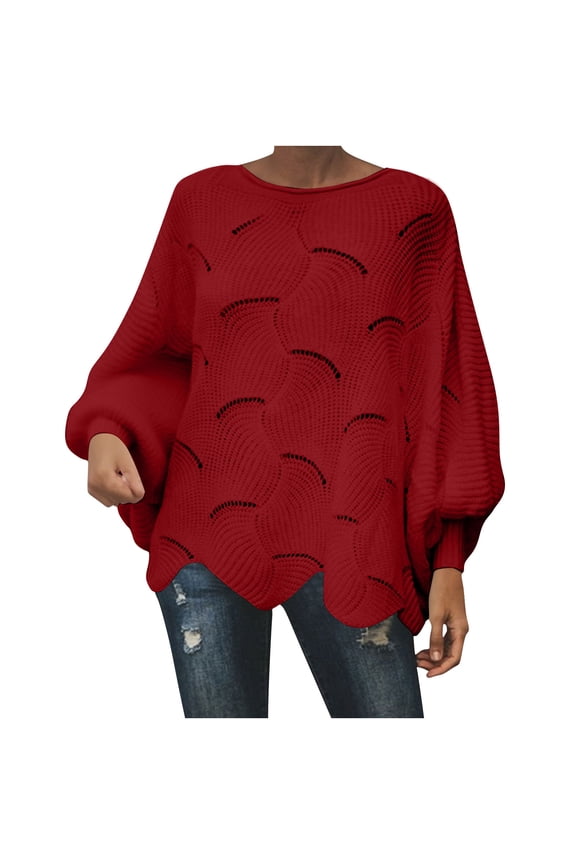 Womens Sweaters Boat Neck Wave Hollow Knit Pullover Lantern Sleeve Scallop Hem Loose,Sizes S-5XL