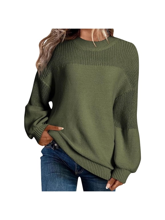 Womens Sweaters Casual Long Sleeve Loose Crewneck Knit Fall Outfits Solid Pullover Jumper Tops,Sizes S-2XL