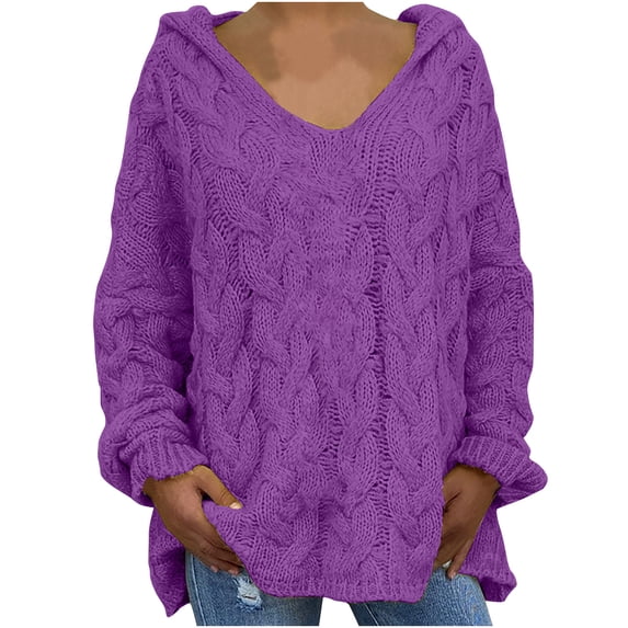 Zekutng Womens Sweaters V Neck Hooded Cable Knit Pullover Long Sleeve Loose,Sizes S-2XL