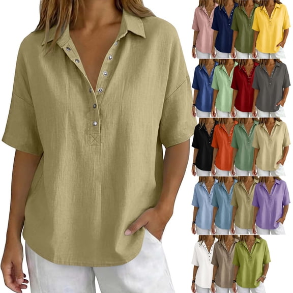 Zekutng Womens Tops Button-Down Collar Cotton-Blend Breathable Short-Sleeve Top,Sizes S-3XL