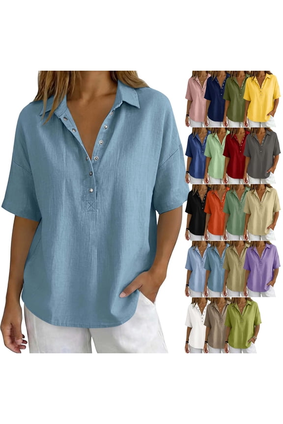 Womens Tops Button-Down Collar Cotton-Blend Breathable Short-Sleeve Top,Sizes S-3XL