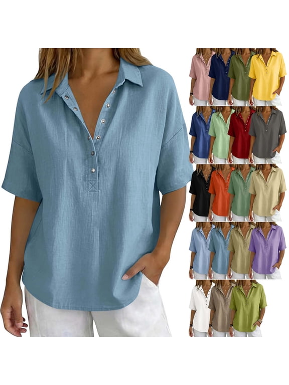 Womens Tops Button-Down Collar Cotton-Blend Breathable Short-Sleeve Top,Sizes S-3XL