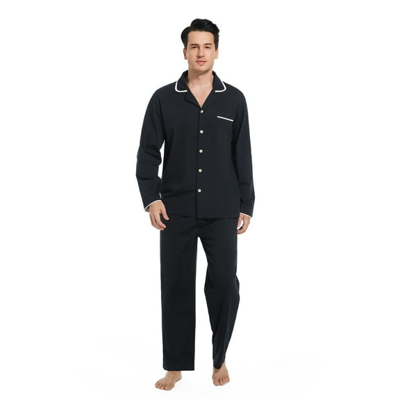 Zelax Mens Cotton Pajama Set – Long Sleeve Sleepwear with Classic Button Down Design (Small, Black)