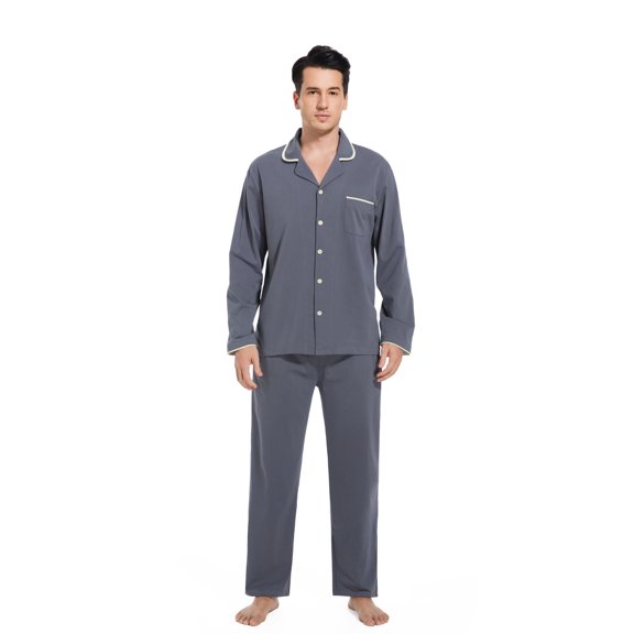 Zelax Mens Cotton Pajama Set – Long Sleeve Sleepwear with Classic Button Down Design (XX-Large, Gray)