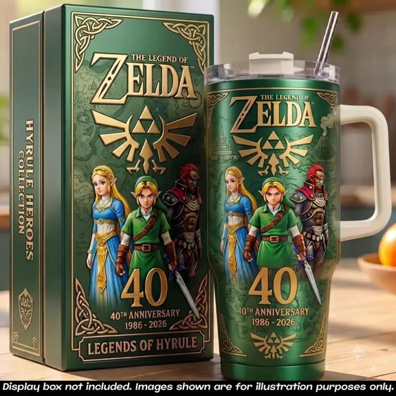 Zelda 40th Anniversary 1986-2026 40 oz Tumbler with Straw Handle, Link Zelda Ganondorf Triforce Vacuum Insulated Stainless Steel Travel Coffee Mug, Hyrule Heroes Gamer Drinkware Car Cup