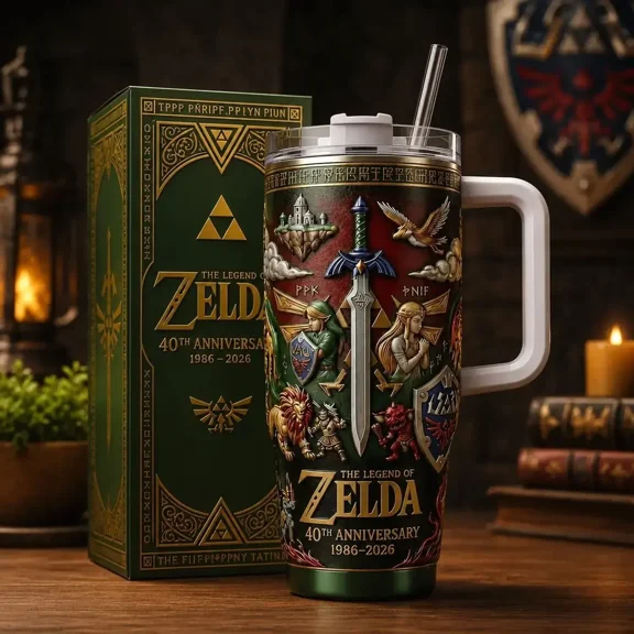 Zelda 40th Anniversary 1986-2026 Collector, Hyrule Fantasy, Link Master Sword Adventure, 40oz Tumbler With Handle, Stainless Steel Insulated Travel Cup for Hot and Cold Drinks