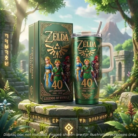 Zelda 40th Anniversary 1986-2026 Master Sword Triforce Straw, Green Gold Embossed, 40oz Tumbler With Handle, Stainless Steel Insulated Travel Cup for Hot and Cold Drinks