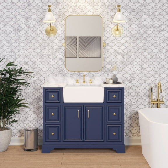 Zelda 42" Farmhouse Bathroom Vanity with Royal Blue Cabinet and Carrara Marble Top
