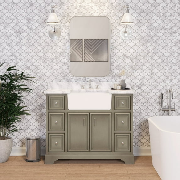 Zelda 42" Farmhouse Bathroom Vanity with Weathered Gray Cabinet and Carrara Marble Top
