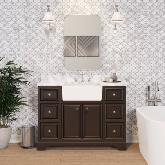 Zelda 48" Farmhouse Bathroom Vanity with Chocolate Cabinet and Carrara Marble Top