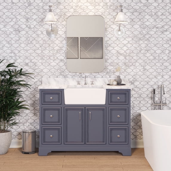 Zelda 48" Farmhouse Bathroom Vanity with Powder Gray Cabinet and Carrara Marble Top