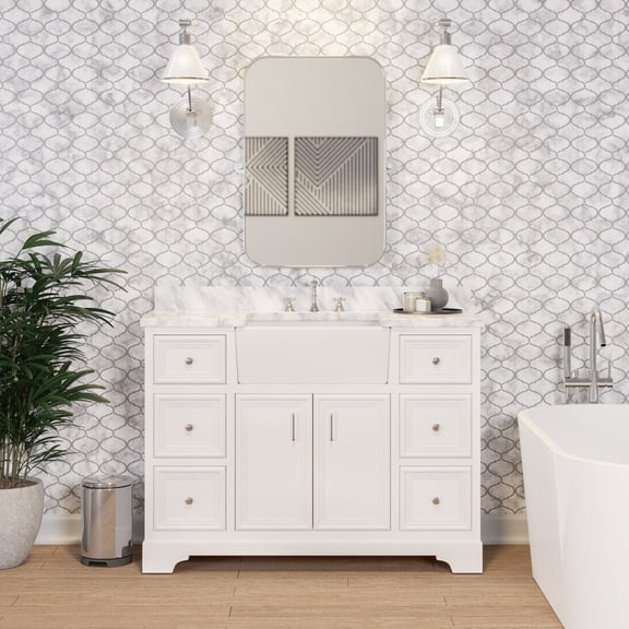 Zelda 48" Farmhouse Bathroom Vanity with White Cabinet and Carrara Marble Top