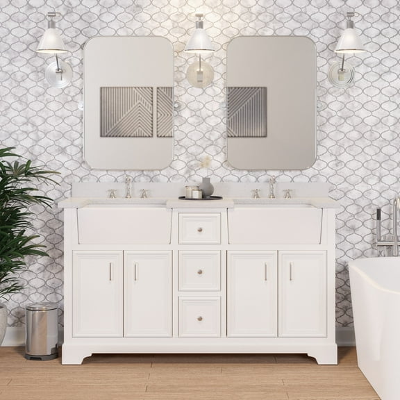 Zelda 60" Double Farmhouse Bathroom Vanity with White Cabinet and Quartz Top