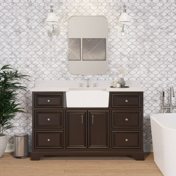 Zelda 60" Single Farmhouse Bathroom Vanity with Chocolate Cabinet and Quartz Top