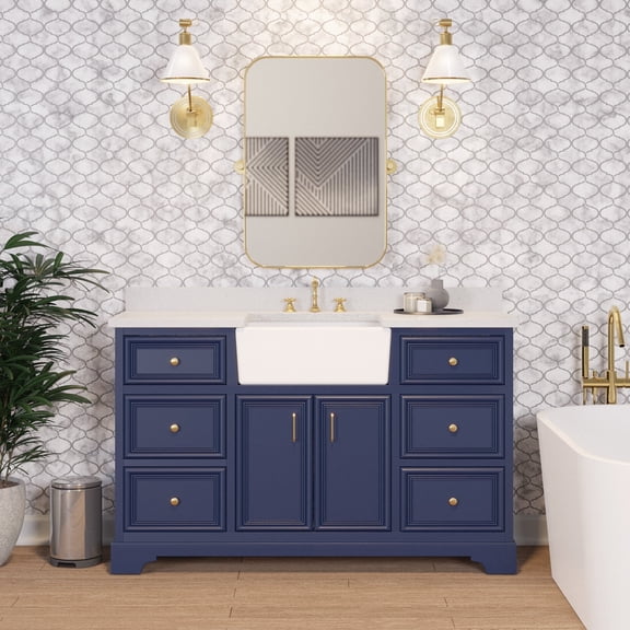Zelda 60" Single Farmhouse Bathroom Vanity with Royal Blue Cabinet and Quartz Top