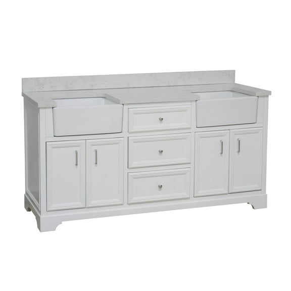 Zelda 72" Double Farmhouse Bathroom Vanity with White Cabinet and Engineered Carrara Top