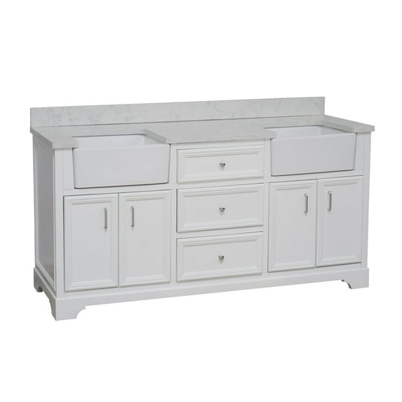 Zelda 72" Double Farmhouse Bathroom Vanity with White Cabinet and Engineered Carrara Top