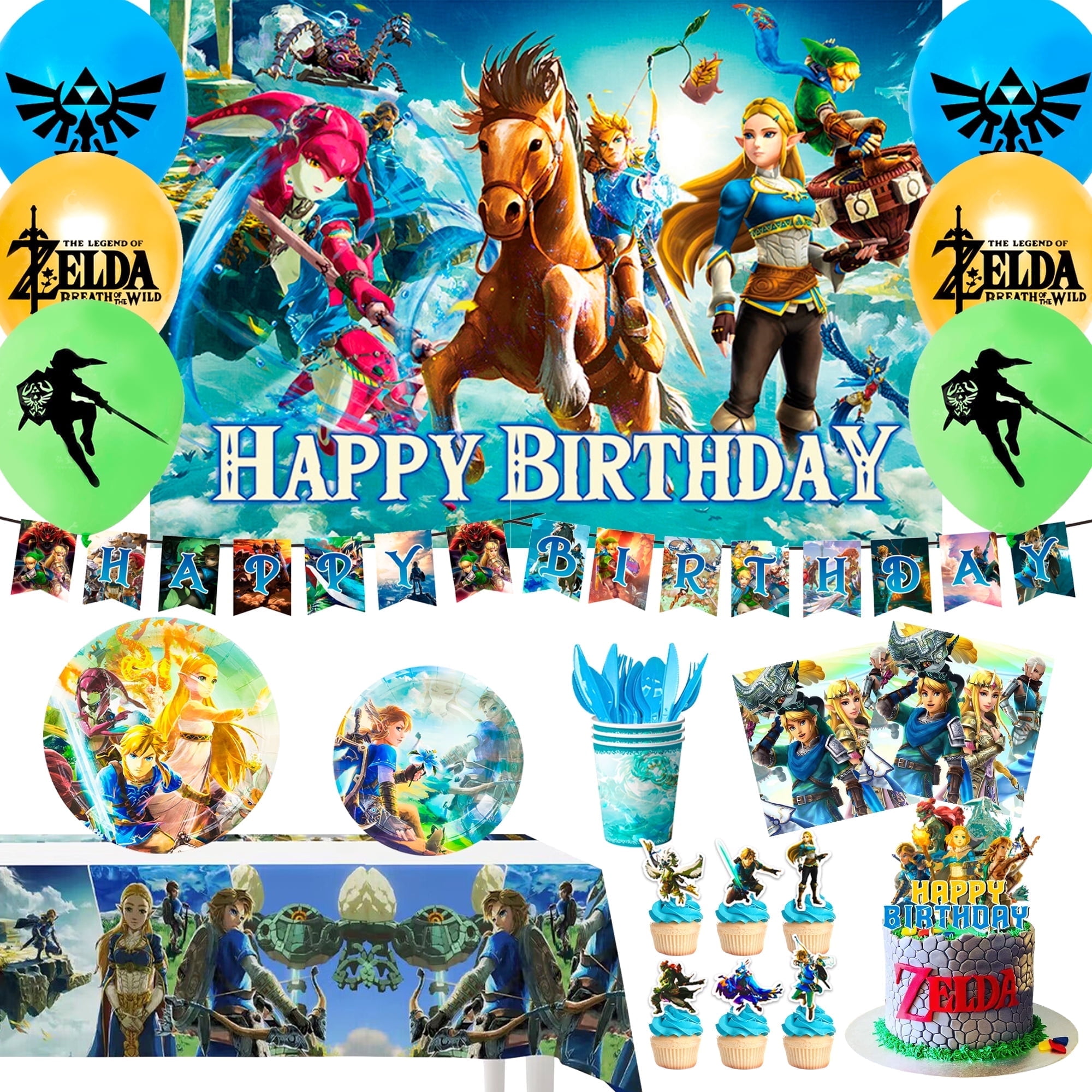 Zelda Birthday Party Supplies,112pcs Zelda Party Decorations & Tableware Set- Zelda Birthday Decorations Balloons Banner Backdrop & Zelda Plates Cups Table Cover etc Legend Of Zelda Party Supplies