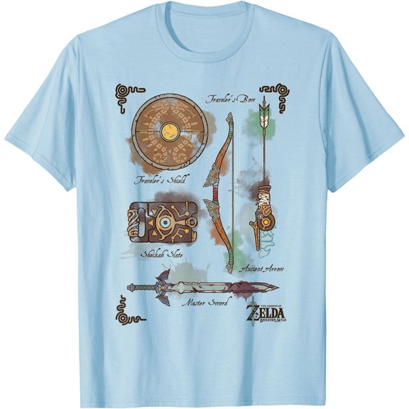 Zelda Breath Of The Wild Link Inventory Graphic DTG Print Unisex T-Shirt,Light Blue Color,Size 3XL
