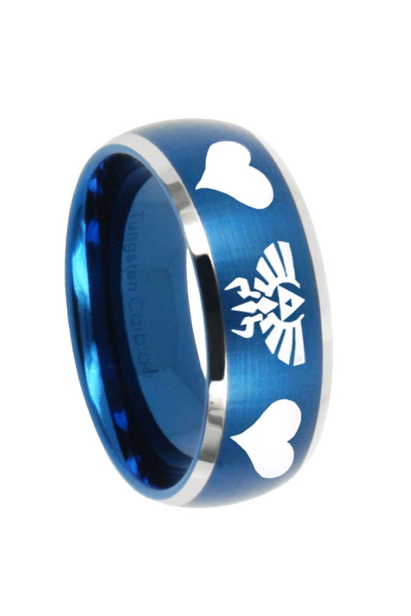 Zelda Heart Triforce Dome Brushed Finish Blue Tungsten Ring 10MM