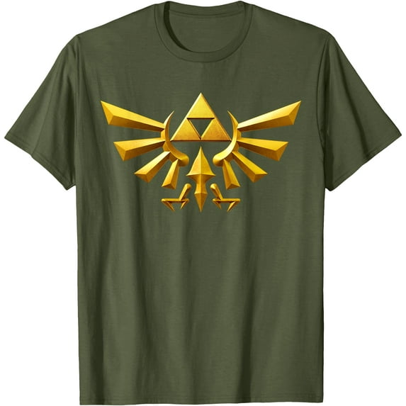Zelda Hyrule Crest Iconic Golden Triforce DTG Print Unisex T-Shirt,Military Green Color,Size XL
