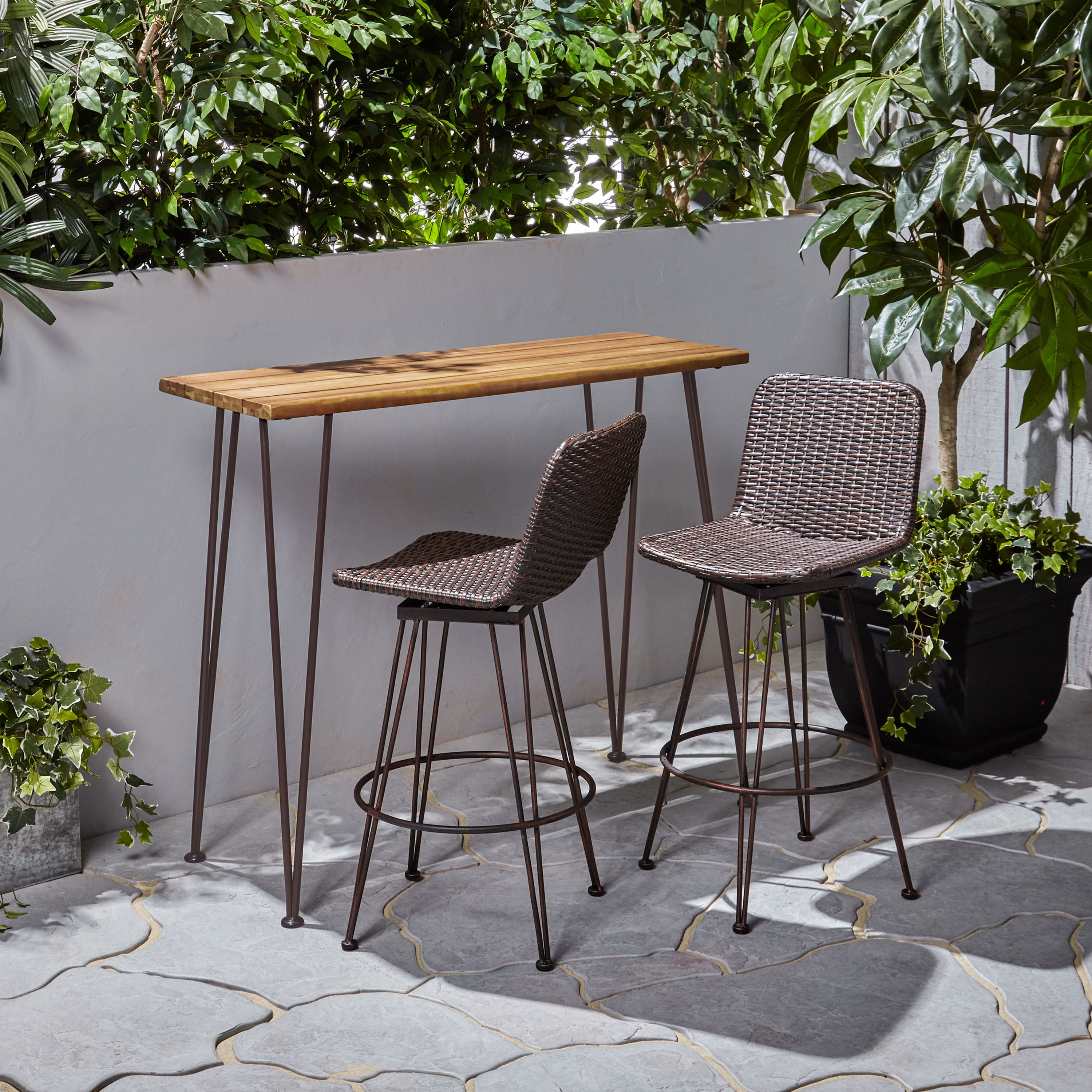 Teak Brown Wood and Metal Bar Set with Wicker Chairs