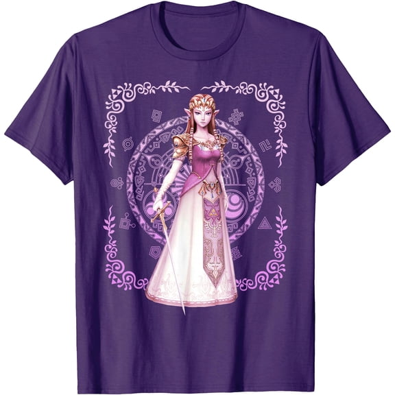 Zelda Pink Ornate Border Portrait Graphic DTG Print Unisex T-Shirt,Purple Color,Size YXL