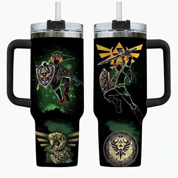 Zelda Protector of Hyrule 40 oz Stainless Steel Tumbler, Legend Classic Video Game Mug with Handle, Insulated Green Link Travel Cup, Nostalgic Gaming Holiday Drinkware
