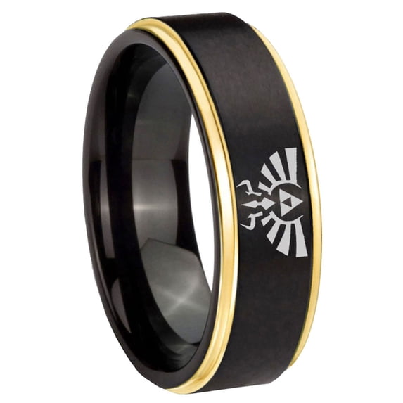 Zelda Skyward Sword Crest Step Edge Black Gold Tungsten Ring 10MM