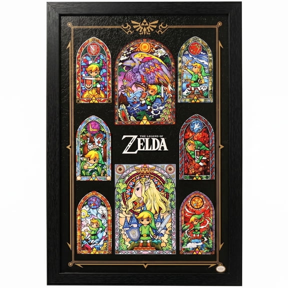 Pyramid America: Legend of Zelda: Stained Glass Collage - 11x17 Framed Gel Coated Poster - Game Artwork, Licensed Nintendo Wall Decor, Collectible Print