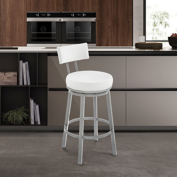 Zelda Swivel Bar Stool in Cloud Finish with White Faux Leather