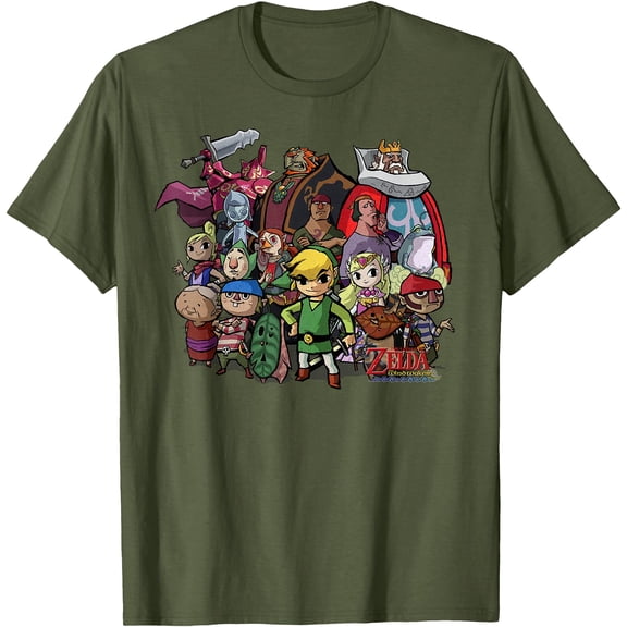 Zelda The Windwaker Group Shot Graphic DTG Print Unisex T-Shirt,Military Green Color,Size L