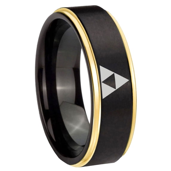 Zelda Triforce Step Edge Black And Gold Tungsten Promised Ring 10MM