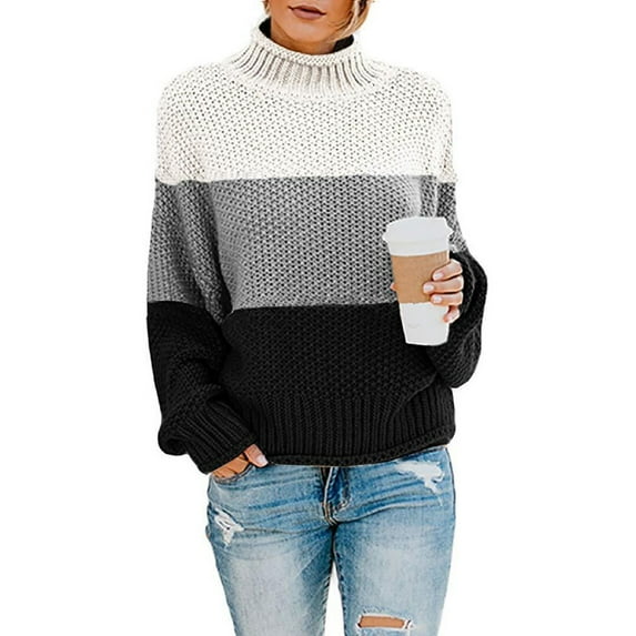 Zelic Womens Sweaters Color Block Fall Clothes For Women 2022 Autumn Winter Women Knit Color Matching Round Neck Loose Casual Sweater Tops, Black