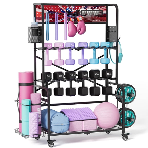 Zeligerstar Large Capacity Dumbbell Rack, Dual-Row Vertical Weight Rack for Home Gym Storage, Heavy-Duty Organizer with Wheels for Dumbbells, Weight Plates, Kettlebell, Space-Saving Pro Gym Equipment