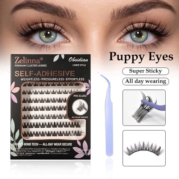 Zelinna Puppy Eyes Self-Adhesive Lash Clusters, Natural Doll Eye, Black, 8-16 mm, 80 Count
