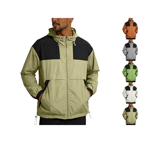 Zeliretfy Men's Windbreakers Windbreaker Front-Zip Jacket Thin-dry Ventilate Color Contrast Splice Outdoor Jacket Coat Loose Sun-proof Clothing Long Sleeved Hooded Zipper Cardigan Sunscreen Jacket