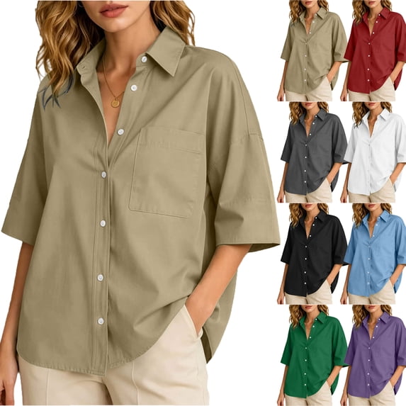 Zeliretfy Shirts for Womens Oversized Button Down Shirts Solid Color Short Sleeve Shirts Casual Loose Fit Blouses Tops