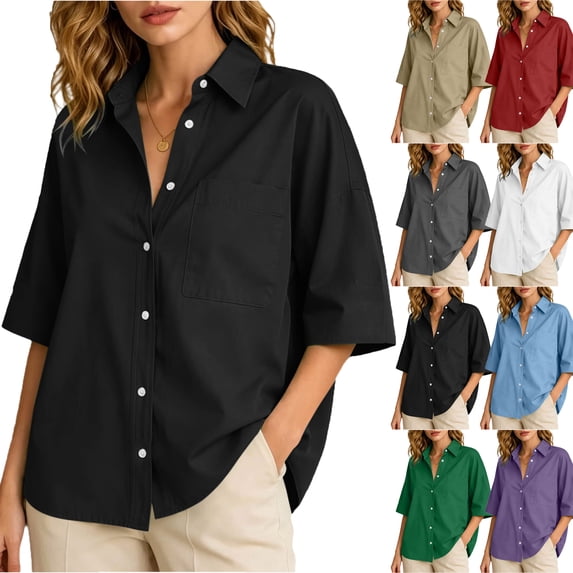 Zeliretfy Shirts for Womens Oversized Button Down Shirts Solid Color Short Sleeve Shirts Casual Loose Fit Blouses Tops