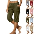 thumbnail image 1 of Zeliretfy Women Capri Pants Summer Casual Cropped Pants Drawstring Elastic High Waisted Trousers with Pockets, 1 of 8
