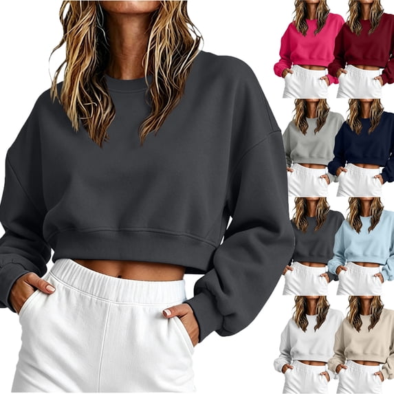 Zeliretfy Women Crew Neck Sweatshirt Long Sleeve Solid Color Shirt for Winter Sports Casual Daily Wear Workout Jogging Fitness Shopping Yoga Outdoor Activities