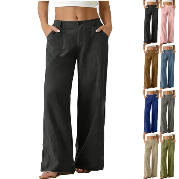 Zeliretfy Women Pants Wide Leg Straight Leg Trousers with Pocket Button Fly Elastic Back Waist Deep Patch Front Pockets Back Pocket Solid Color High Waist Loose Pocket Straight Solid Long Pants