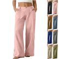 thumbnail image 1 of Zeliretfy Women Pants Wide Leg Straight Leg Trousers with Pocket Button Fly Elastic Back Waist Deep Patch Front Pockets Back Pocket Solid Color High Waist Loose Pocket Straight Solid Long Pants, 1 of 8