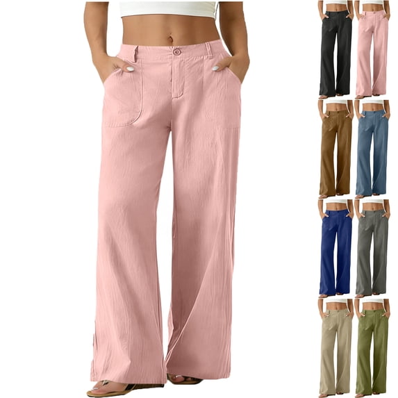 Zeliretfy Women Pants Wide Leg Straight Leg Trousers with Pocket Button Fly Elastic Back Waist Deep Patch Front Pockets Back Pocket Solid Color High Waist Loose Pocket Straight Solid Long Pants
