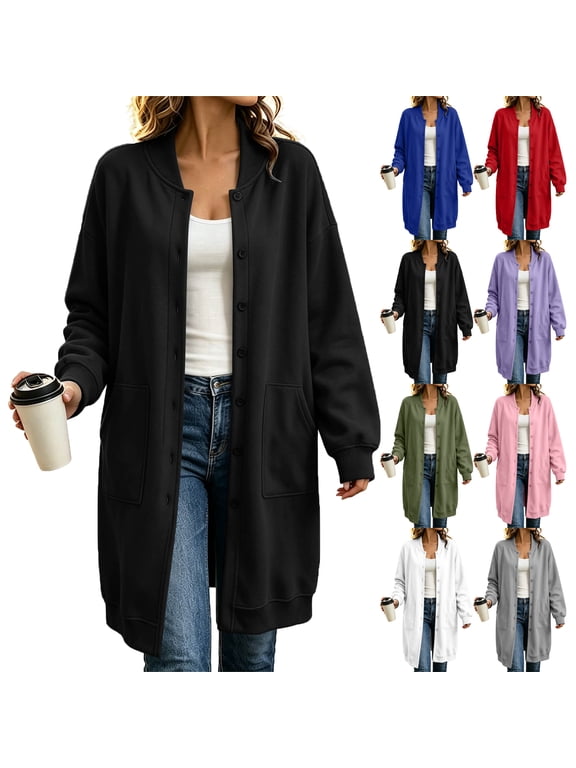 Women Plus Size Zip Up Hoodless Long Sleeve Fleece Sweatshirt Jacket Coat Casual Tunic Sweatshirts Oversized Lightweight Hoodless Solid Color Double Pocket Button Mid Length Coat
