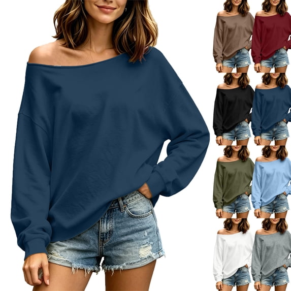 Zeliretfy Women's Sweatshirt Winter Loose Shoulder Sweatshirt Long Sleeve Pullover Casual Sports With Pockets Outdoor Activities Gym Training Hiking Walking For Women